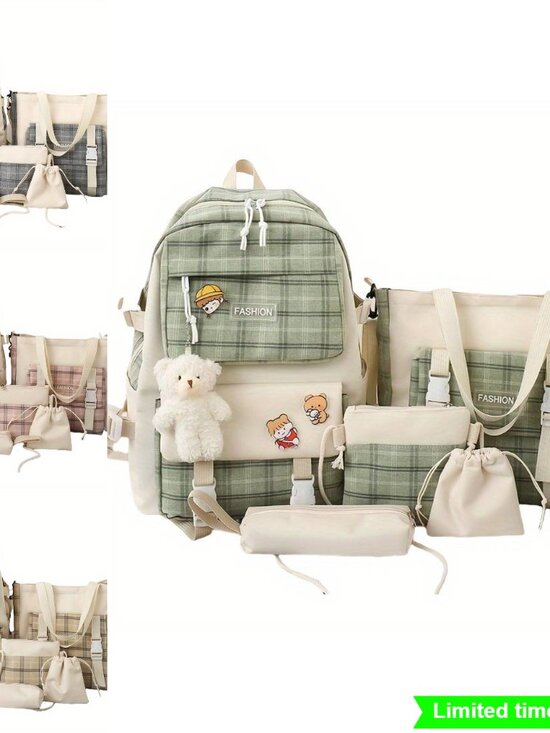 Large Capacity Cartoon Canvas Five Piece School Bag Set with Cosmetic Bag, main image 8